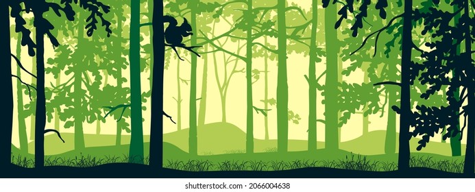 Horizontal banner of forest background, silhouettes of trees, owl on branch. Magical misty landscape, fog. Green and yellow illustration. Bookmark. 