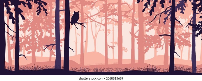 Horizontal banner of forest background, silhouettes of trees, owl on branch. Magical misty landscape, fog. Pink and violet illustration. Bookmark. 