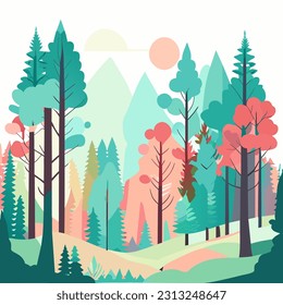 Horizontal banner of forest background, silhouettes of trees