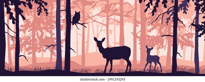 Horizontal banner of forest landscape. Doe and fawn in magic misty forest. Owl on branch. Silhouettes of trees and animals. Pink and orange background, illustration. Bookmark.