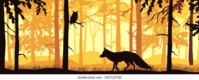 Horizontal banner of forest landscape. Fox and owl in magic misty forest. Silhouettes of trees and animals. Orange and yellow background, illustration. Bookmark.