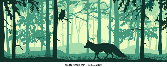 Horizontal banner of forest landscape. Fox and squirrel in magic misty forest. Silhouettes of trees and animals. Blue and green background, illustration. 