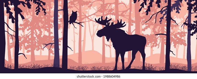 Horizontal banner of forest landscape. Moose with antlers in magic misty forest. Owl on branch. Silhouettes of trees and animals. Pink and orange background, illustration. Bookmark.