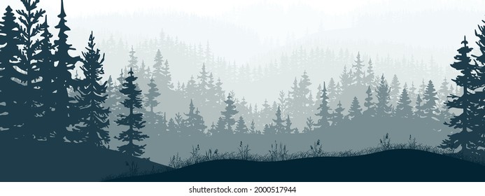 Horizontal banner of forest and meadow, silhouettes of trees and grass. Magical misty landscape, fog. Blue and gray illustration. Bookmark. 