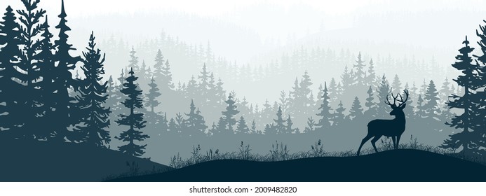 Horizontal banner of forest and meadow, silhouettes of trees and grass. Magical misty landscape, fog. Blue and gray illustration. Bookmark. 