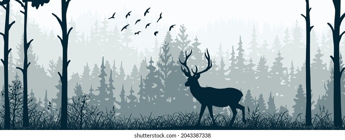 Horizontal banner of forest and meadow, silhouettes of trees and grass. Magical misty landscape, fog. Blue and gray illustration. Bookmark. 