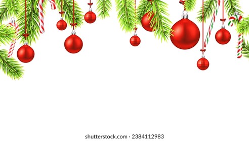 Horizontal banner with frame of bright green fir branches and red balls on white background. Christmas holiday greeting card with space for text. Vector illustration.