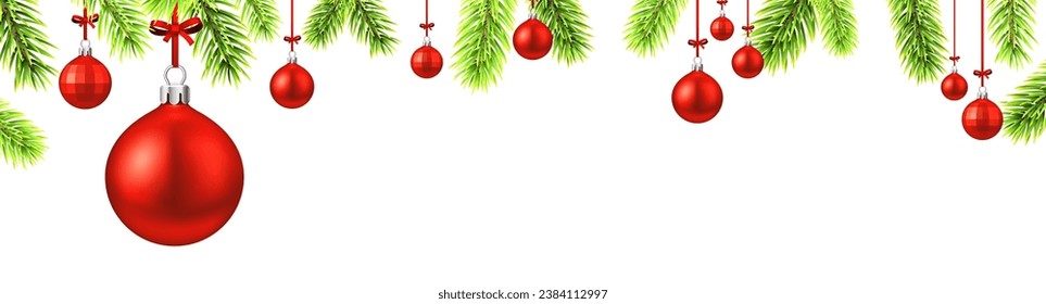 Horizontal banner with frame of bright green fir branches and red balls on white background. Christmas holiday greeting card with space for text. Vector illustration.