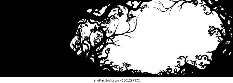 Horizontal banner frame with silhouettes of branches, roots, leaves, fruits
