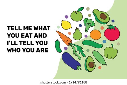 Horizontal banner with Fruits and Vegetables drawing in the colored Doodle style. Suitable for websites, covers, menus. Tell me what you eat and i'll tell you who are you. Vector EPS 10