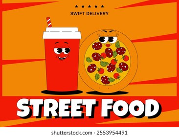 Horizontal banner with funky round pizza and drink cola character in retro groovy style. Delivery, cafe, street food restaurant. Vintage vector illustration 