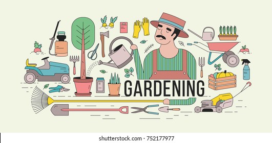 Horizontal banner with gardener in hat watering potted tree surrounded by gardening and agriculture equipment, tools, garden plants and vegetables. Colorful vector illustration in line art style.