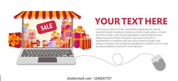 Horizontal banner with Gift boxes Sale inside. Laptop decorated as shop window with striped canopy, awning, tent. Laptop computer online shop with decorated boxes. Place for text.Flat cartoon vector