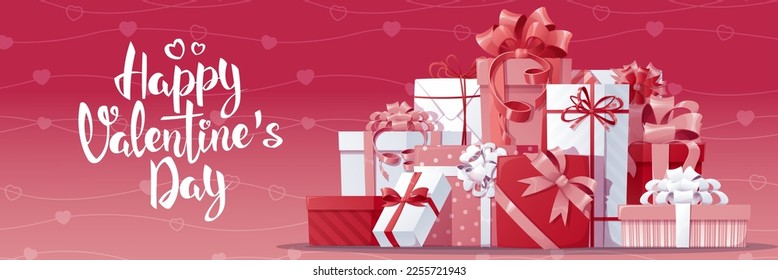 Banner horizontal con cajas de regalo para el día de San Valentín. Gran pila de regalos con arcos de satén. Cartel, afiche, fondo para una fiesta romántica.