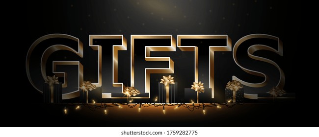 Regalos horizontales con cajas negras y arcos dorados. ilustración vectorial. Diseño moderno.Fondo oscuro vector universal para carteles, pancartas, folletos, postales