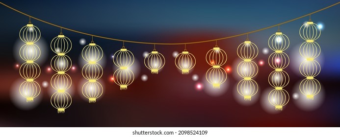 Horizontal banner with glowing hanging lanterns in evening sky and place for text. Background with Asian holiday decorations vector illustration.