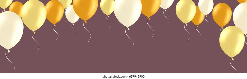 Horizontal banner with golden and white helium balloons. Frame composition with space for your text. Useful for announcement , poster, flyer, greeting card