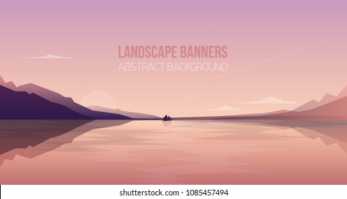 Horizontal banner with gorgeous seaside landscape or scenery. Picturesque view with yacht sailing in sea bay against silhouette of mountains and sunset sky on background. Colorful vector illustration