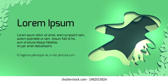 Horizontal banner with green 3d abstract waves, tree leaves cut out from paper and place for text. Ecology and nature. Vector origami template for slide, card and your design