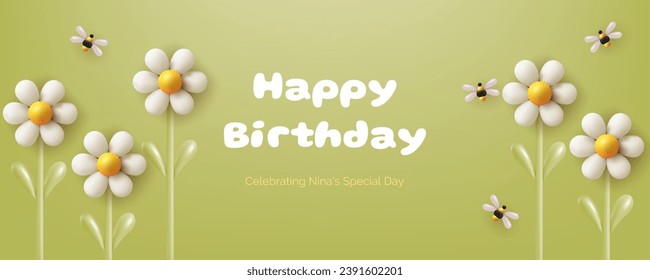 Horizontal banner in green with a 3D illustration featuring flower chamomile balloons, bees and a cheerful birthday design. Realistic and cute invitation card. Not AI generated.