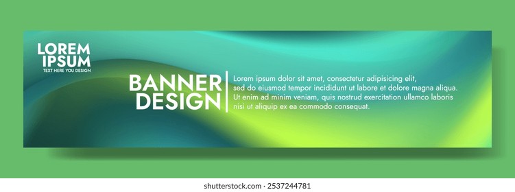 A horizontal banner with a green and blue gradient background, featuring the text Banner Design in white and a shadow effect.
