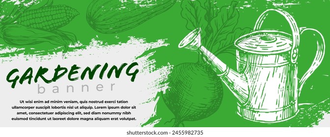 Horizontal banner with green grungy scratchy texture, stylized sketchy garden can, vegetables and place for your text. Design graphic gardening theme concept. Vector illustration.