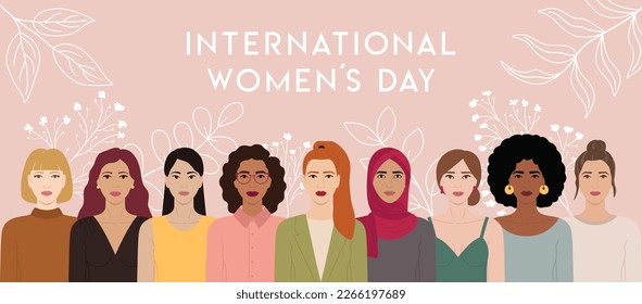 Horizontal banner with group of diverse female characters stand together. International Women's Day, 8 March. Woman empowerment, feminism and sisterhood concept. Hand drawn vector illustration.