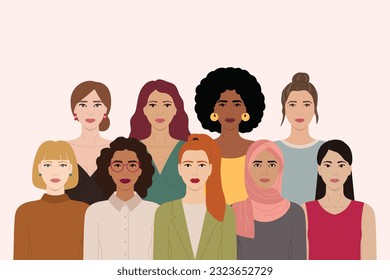 Horizontal banner with group of diverse female characters stand together. International Women s Day, 8 March. Woman empowerment, feminism and sisterhood concept. Hand drawn vector illustration.