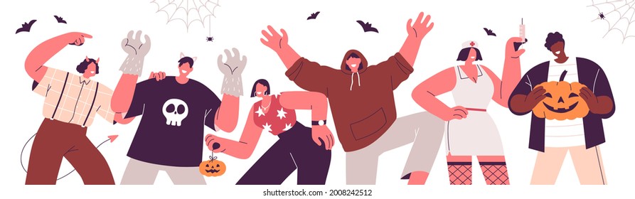 Horizontal banner with group of happy people celebrating Halloween holiday. Celebration of creepy October festival with disguised rejoicing friends and festive decor. Colored flat vector illustration