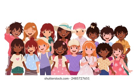 Horizontal Banner with Group of Multiracial Kids in various casual clothes. Funny boys and girls standing together. Vector illustrations on White Background for Back to School and Educational Designs.