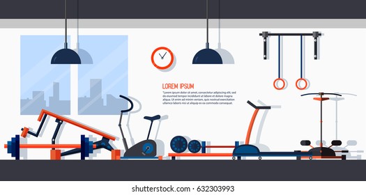 Horizontal banner with gym interior. Backdrop with sports equipments. Colorful vector template in flat style with place for text.