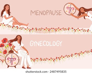 Horizontal banner. Gynecology. World menopause day. The concept of medicine. Woman with clock. Vector illustration. Field of poppies. Hand drawing illustration.