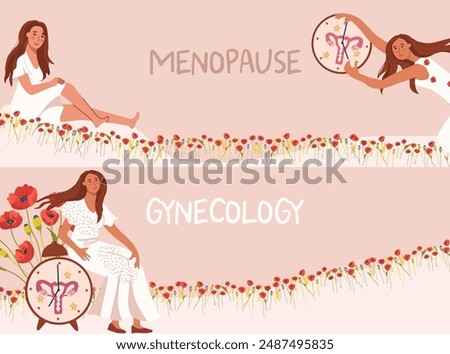 Horizontal banner. Gynecology. World menopause day. The concept of medicine. Woman with clock. Vector illustration. Field of poppies. Hand drawing illustration.