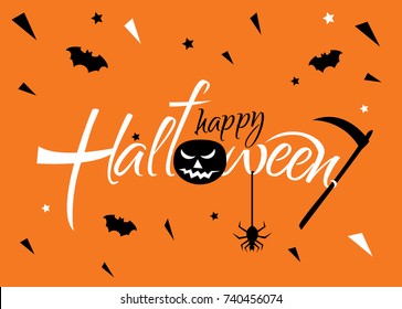 Horizontal banner for a Halloween party on a bright orange background. Happy Halloween vector lettering. White text with spider and bat for banner, poster, or greeting card. 