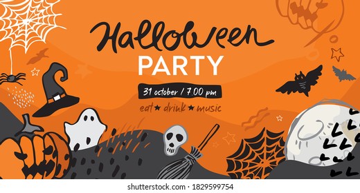 Horizontal banner of Halloween party. Pumpkins, skulls, cobwebs, beetles, moon, bats, hats drawn in sketch style isolated on orange. Background for posters, card for the party. Vector illustration.