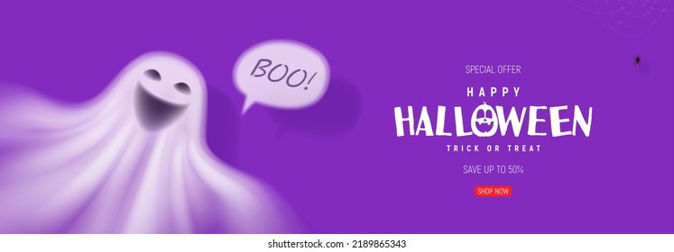 Horizontal banner for Halloween sale. Purple banner with 3d transparent ghost and spider on web. Vector illustration. Happy Halloween holiday banner.