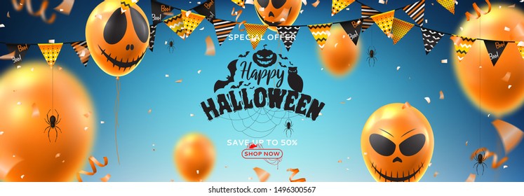 Horizontal banner for Halloween sale. Vector illustration with realistic orange air balloons with scary smiles on blue backgrund. Halloween sale background with serpentine, garlands and confetti.