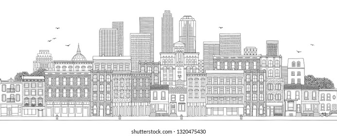 Horizontal banner with hand drawn buildings of a big city, skyline with skyscrapers, real estate background