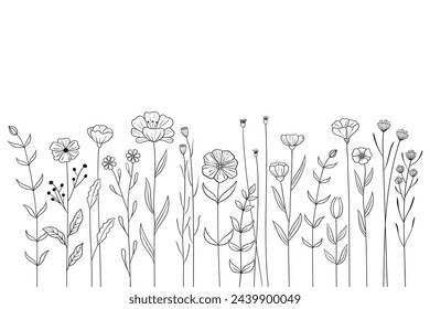 Horizontal banner with hand drawn, doodle vector flowers. Line flowers set, isolated on white background.
