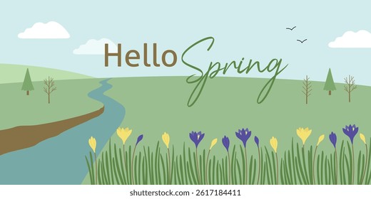 Horizontal banner with hand drawn illistration inspired by nature and spring season. Landscape of river and purple flowers with hello spring message