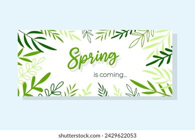 Horizontal banner with hand drawn leaves and inscription spring is coming. Minimalist style, doodle style.