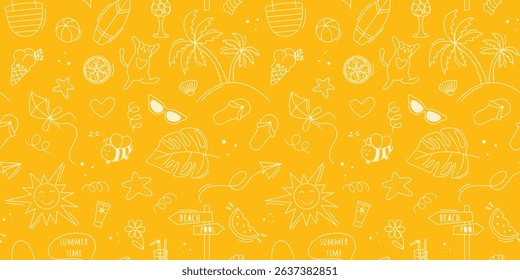Horizontal banner with hand drawn summer holiday elements. Seamless pattern summer vacation and beach holiday. Bright yellow sunny background. Summer season print, vector graphic