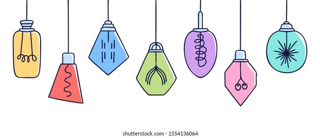 Horizontal banner with Hand drawn vector set of different colorful geometric loft lamps. Edison lamps and modern sketch. Vintage light bulbs doodle art hanging free hand line style vector.