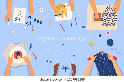 Horizontal banner with hands creating handmade works - drawing, woodblock printing, beadwork, embroidering, knitting, scrapbooking. Creativity lesson or workshop for kids. Flat vector illustration