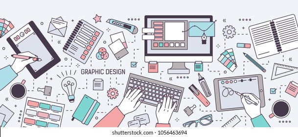 Horizontal banner with hands of designer working in digital vector editor or drawing on tablet surrounded by stationery and art tools. Graphic design. Colored vector illustration in line art style.