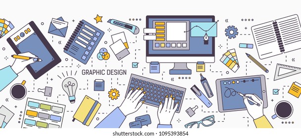 Horizontal banner with hands of designer working on computer or drawing on tablet surrounded by office supplies and art tools. Graphic design. Colorful vector illustration in modern line art style