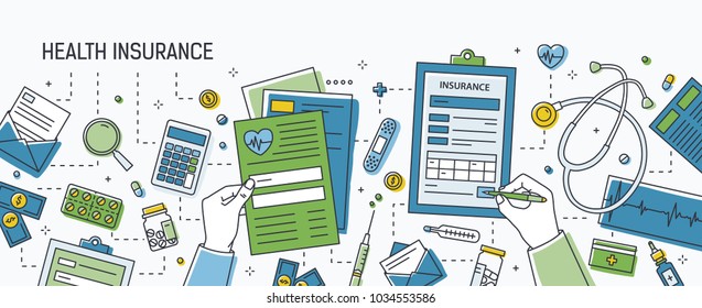 Horizontal banner with hands filling out form of health insurance surrounded by dollar banknotes and coins, pills and other medications, medical tools. Colored vector illustration in line art style.