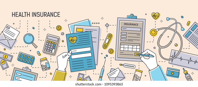 Horizontal banner with hands filling out health insurance documents surrounded by paper forms, medications, medical equipment and tools. Colorful vector illustration in modern line art style