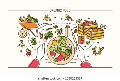 Horizontal banner with hands holding fork and knife and plate with healthy meal surrounded by fruits, vegetables, wheelbarrow, crates. Organic wholesome food. Vector illustration in line art style