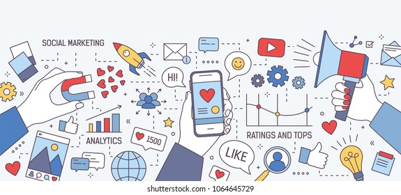 Horizontal banner with hands holding magnet, megaphone and smartphone with heart on screen surrounded by symbols and charts. Social media marketing, seo optimization. Modern vector illustration.